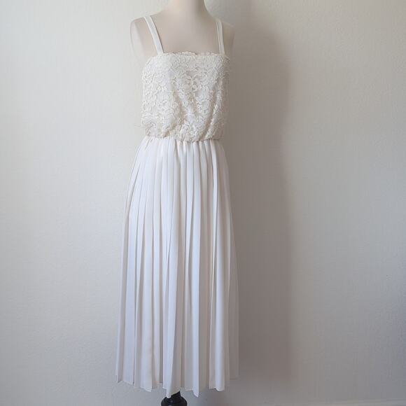 Vintage Dress 60s 70s Womens M Cream White Pleated Lace Feminine Wedding Event - Picture 6 of 7